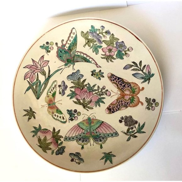 Other - Colorful Butterfly and Floral Ceramic Plate Hand Painted Asian Motif